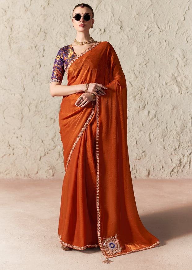 Terracotta Orange Designer Organza Tissue Silk Saree With Printed Blouse