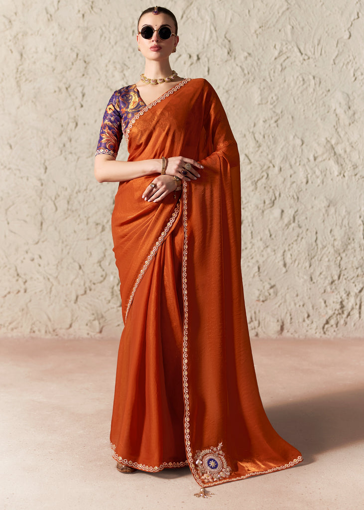 Terracotta Orange Designer Organza Tissue Silk Saree With Printed Blouse