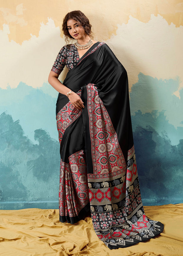 Jet Black Printed Satin Silk Saree