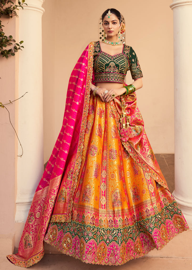 Pink & Orange Banarasi Silk Embroidered Lehenga