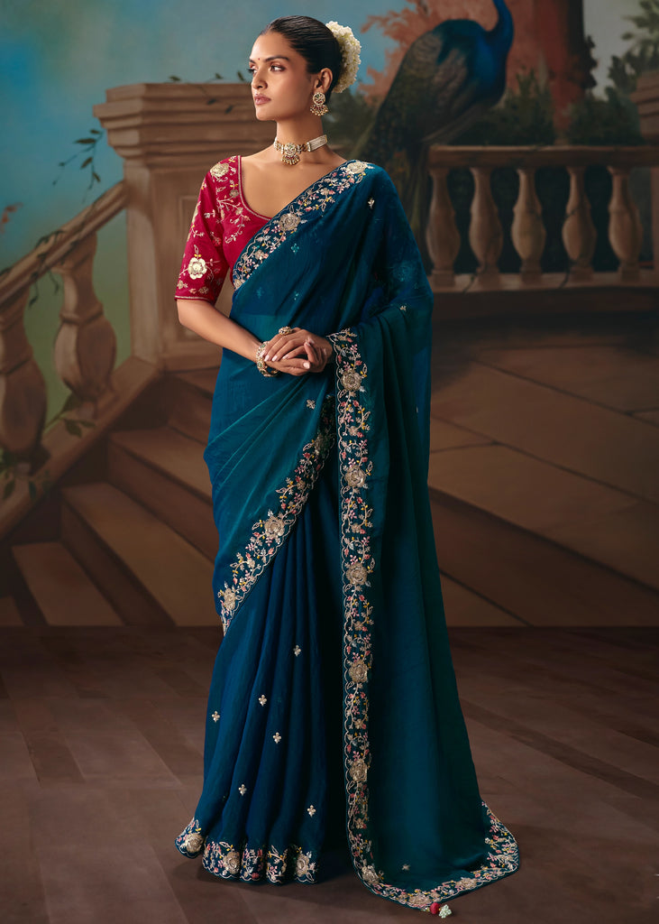 Coral Blue Embroidered Designer Saree