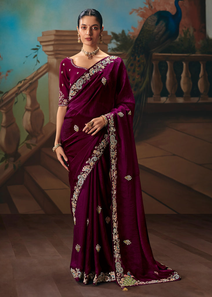 Wine Purple Embroidered Designer Saree