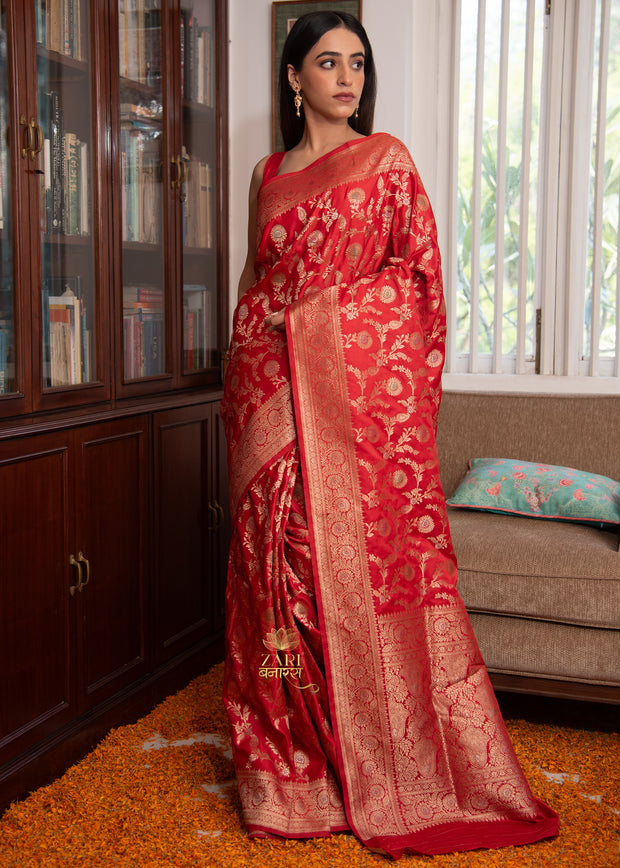 Diya red Banarasi satin silk saree with all-over floral zari jaal pattern