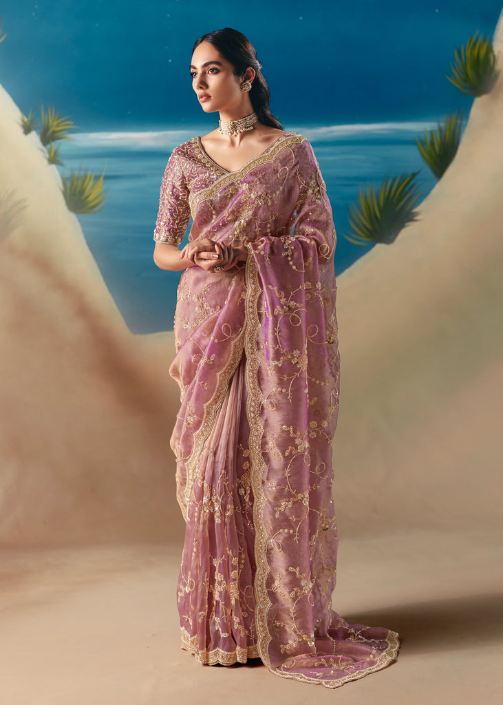 Mauve Pink Satin Organza Embroidered Saree