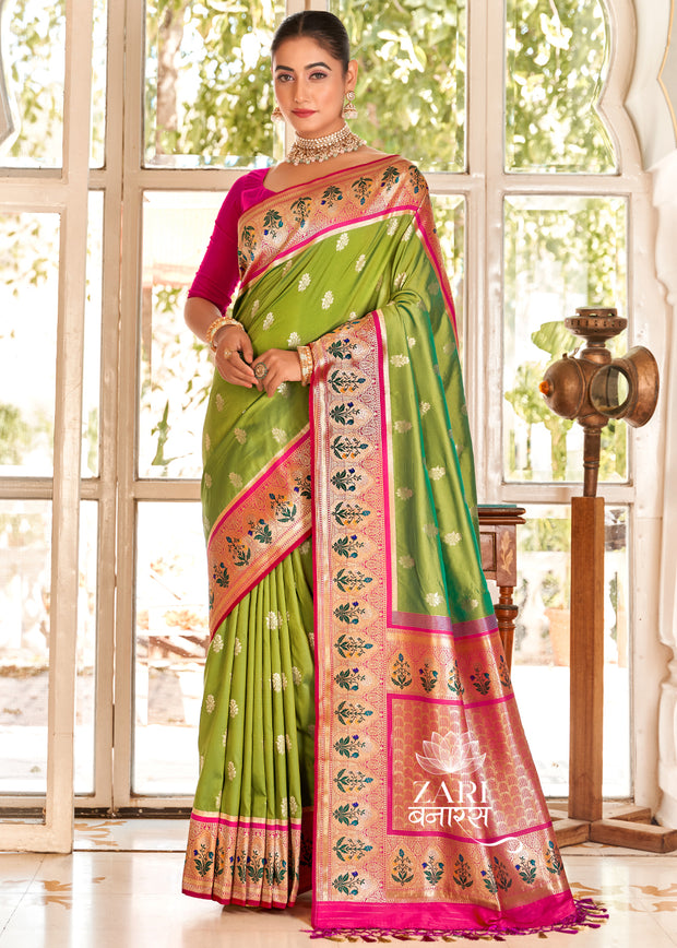 Jhanvi green Banarasi woven saree with traditional handloom weaving from Varanasi