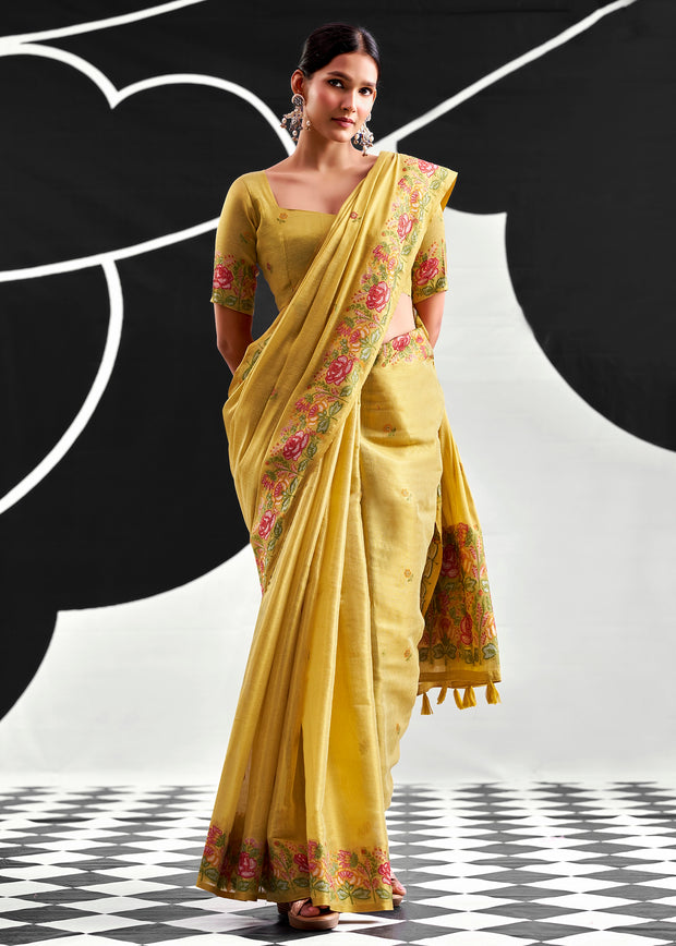 Lime Yellow Woven Tissue Silk Saree