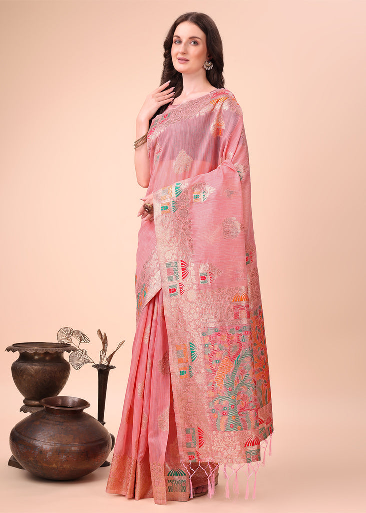 Pastel Pink Woven Linen Cotton Silk Saree