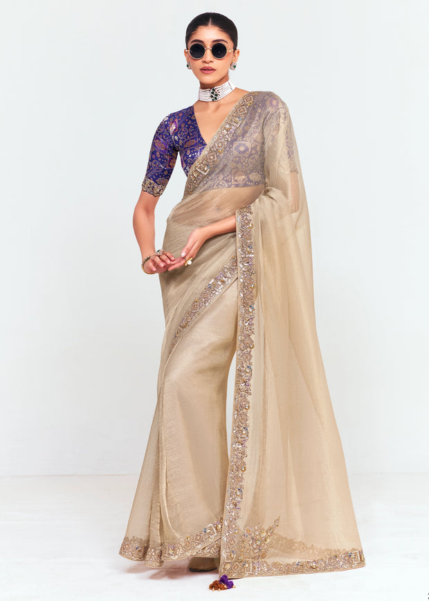 Silver Beige Designer Embroidered Tissue Saree