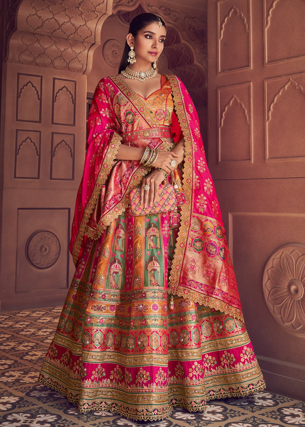 Pink And Orange Banarasi Silk Embroidered Lehenga
