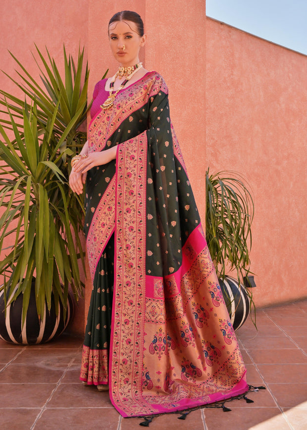 Dark Green Woven Paithani Silk Saree