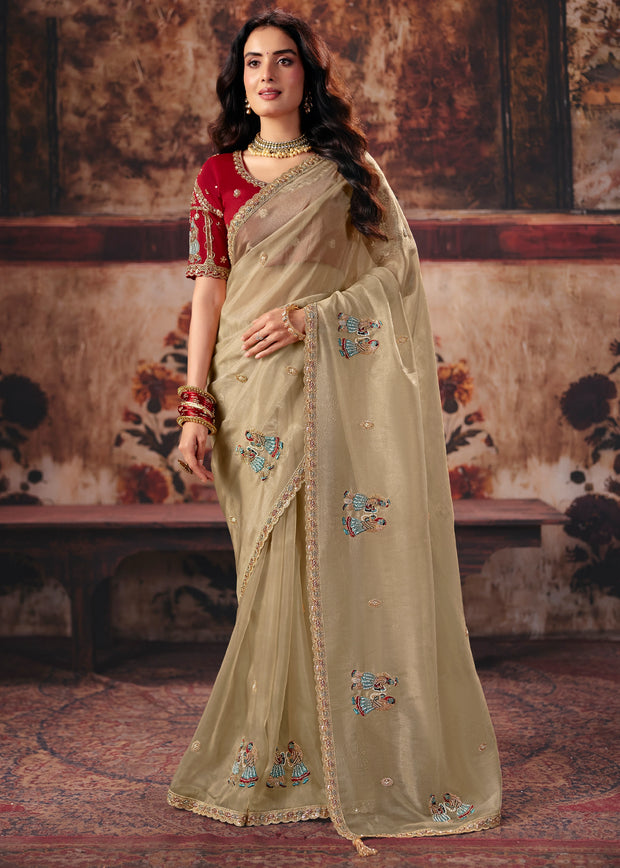 Beige Designer Organza Saree With Embroidered Blouse