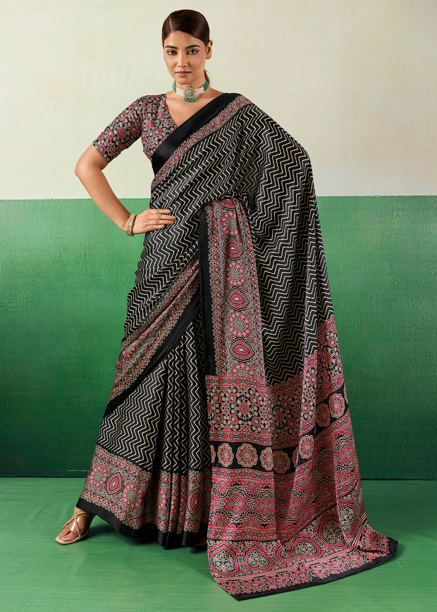 Phantom Black Printed Satin Silk Saree