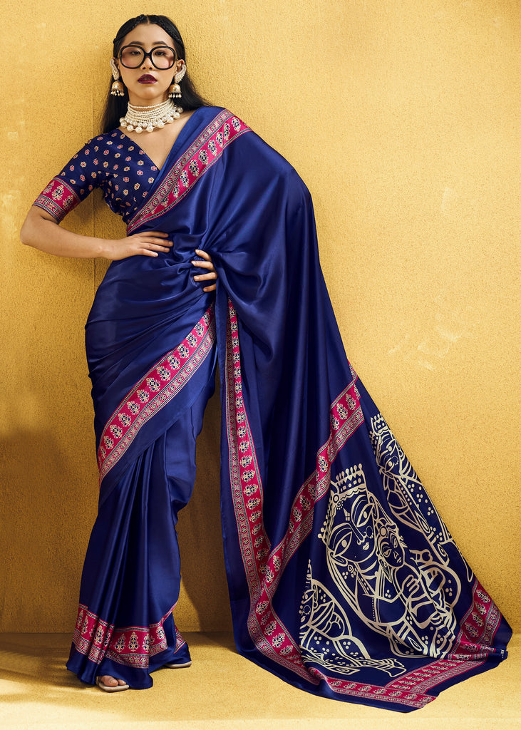 Royal Blue Satin Silk Saree with Ajrakh Printed Pallu and Blouse
