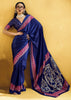 Royal Blue Satin Silk Saree with Ajrakh Printed Pallu and Blouse