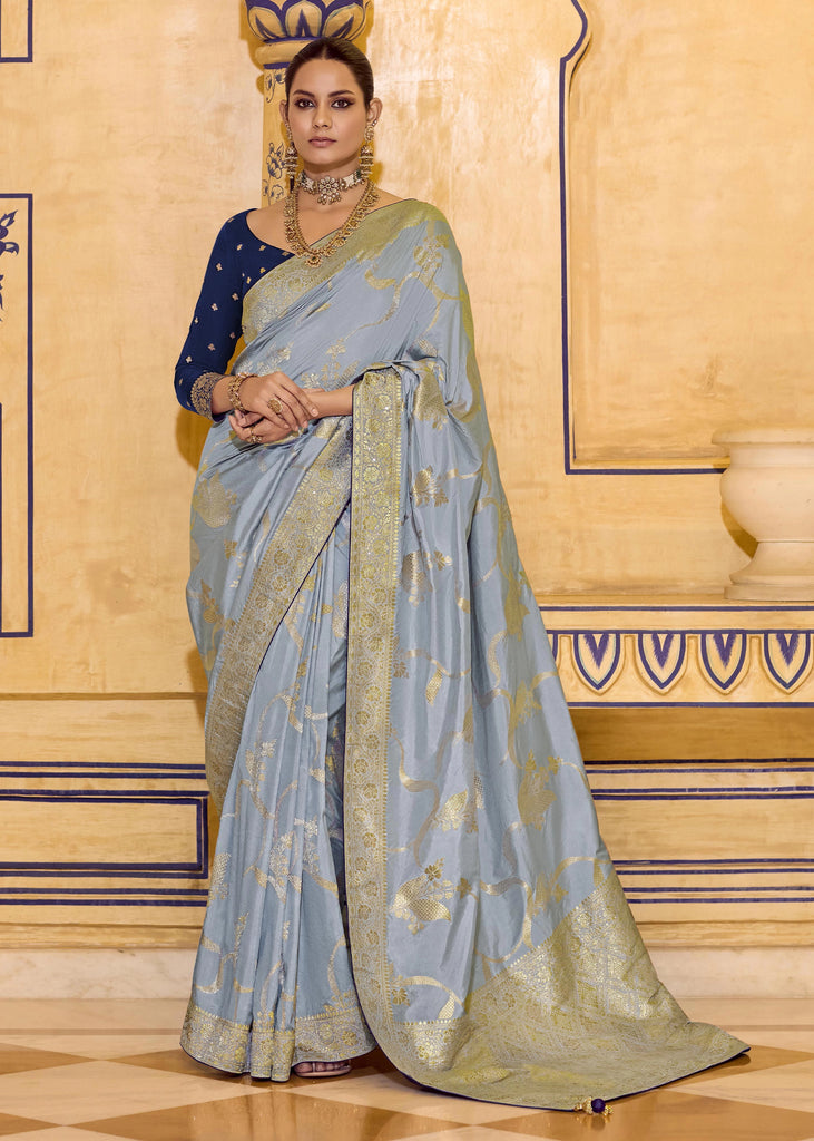 Dusk Blue Woven Banarasi Silk Saree