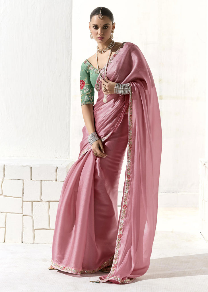 Rose Pink Designer Organza Tissue Silk Saree