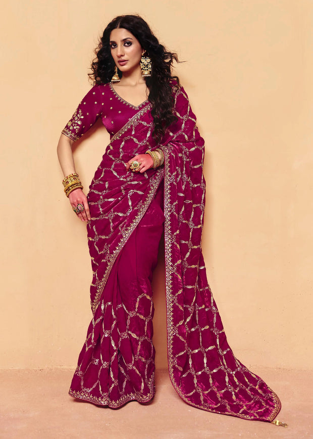 Sangria Red Embroidered Designer Tissue Saree