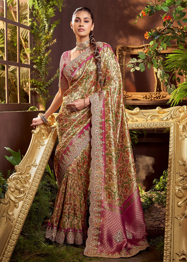 Golden And Mauve Embroidered Designer Saree