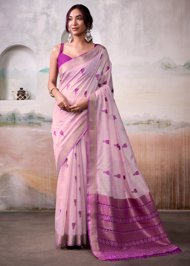 Lilac Pink Woven Banarasi Cotton Silk Saree