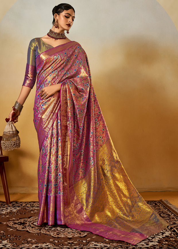 Sparkling purple dual tone Kanjivaram silk saree with deep violet to magenta shimmer