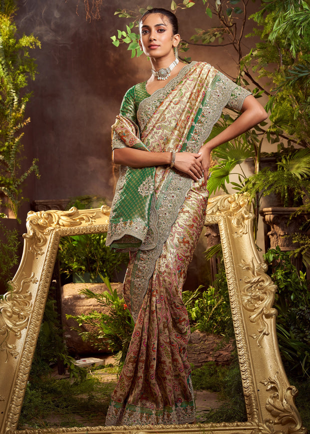 Beige And Green Embroidered Designer Saree