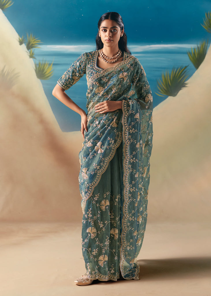 Aqua Blue Satin Organza Embroidered Saree