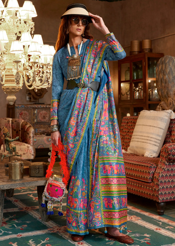 Mariuna Blue Madhubani Printed Saree