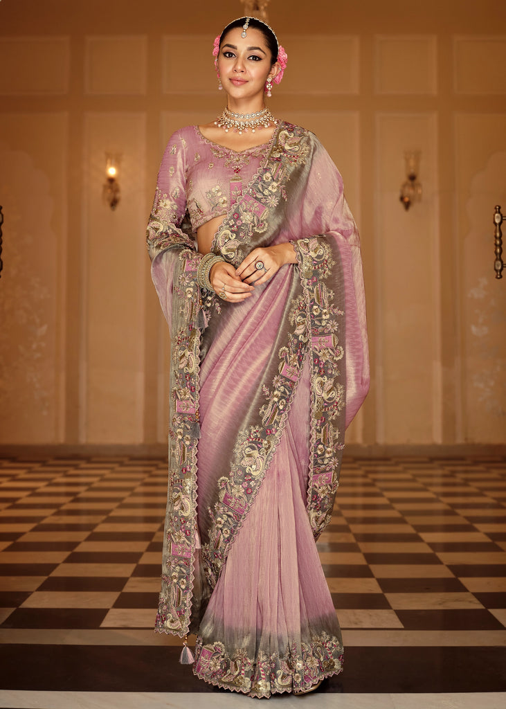 Onion Pink Designer Embroidered Silk Saree