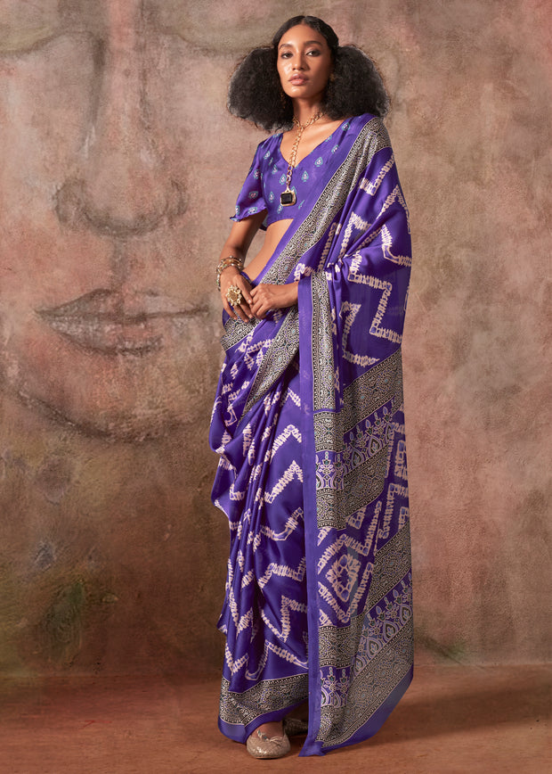 Ultra Purple Printed Crepe Satin Silk Saree