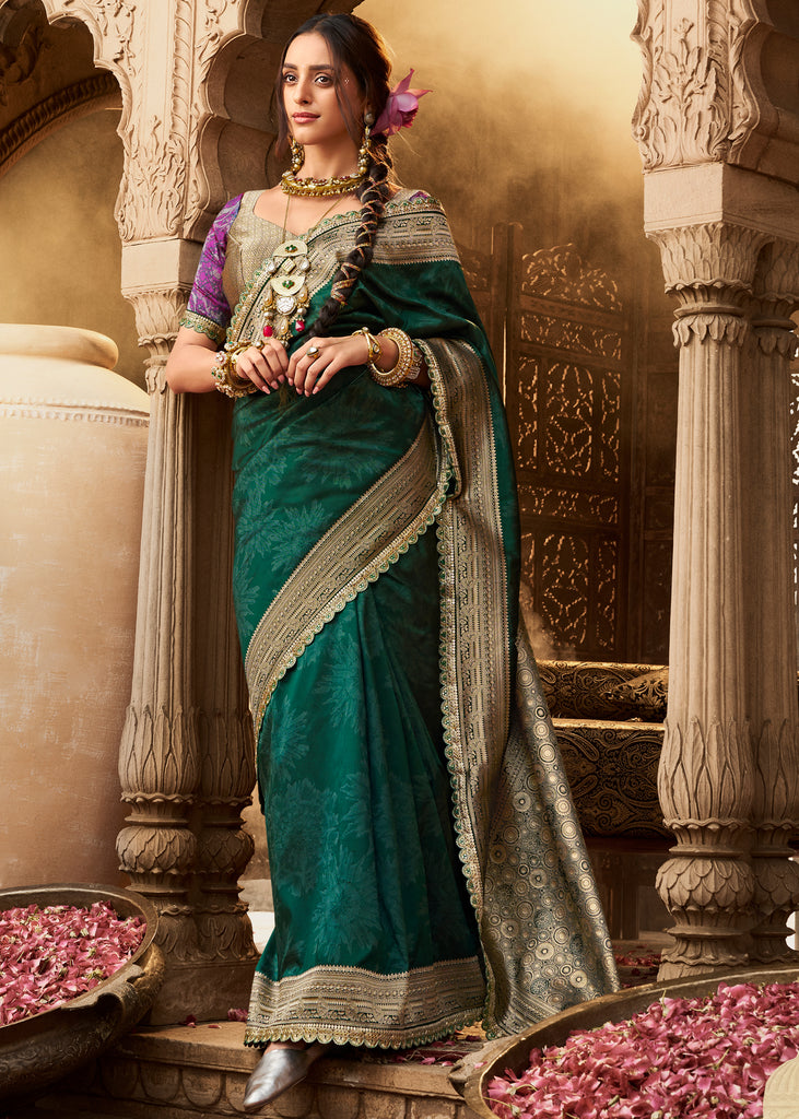 “Exclusive Offer” : Forest Green Woven Banarasi Silk Saree