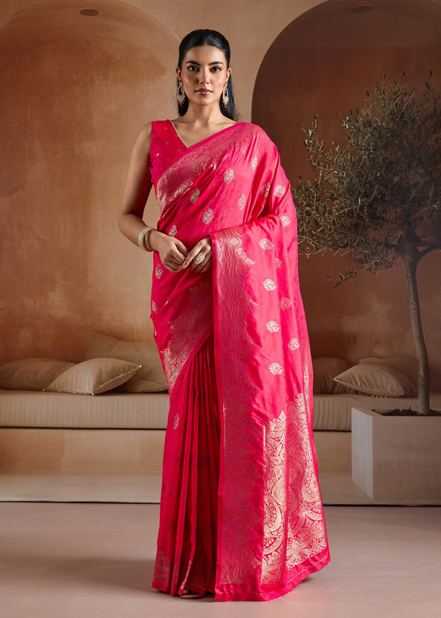 Hot pink Banarasi silk saree with handwoven zari motifs from Varanasi