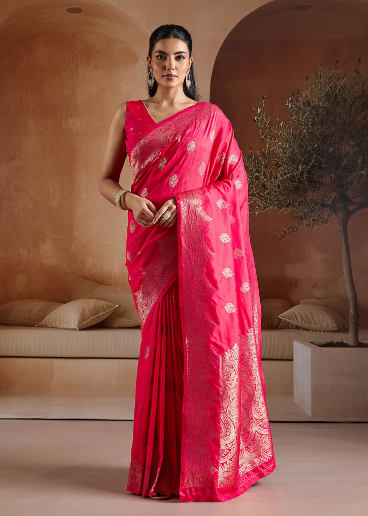 Hot Pink Woven Banarasi Silk Saree