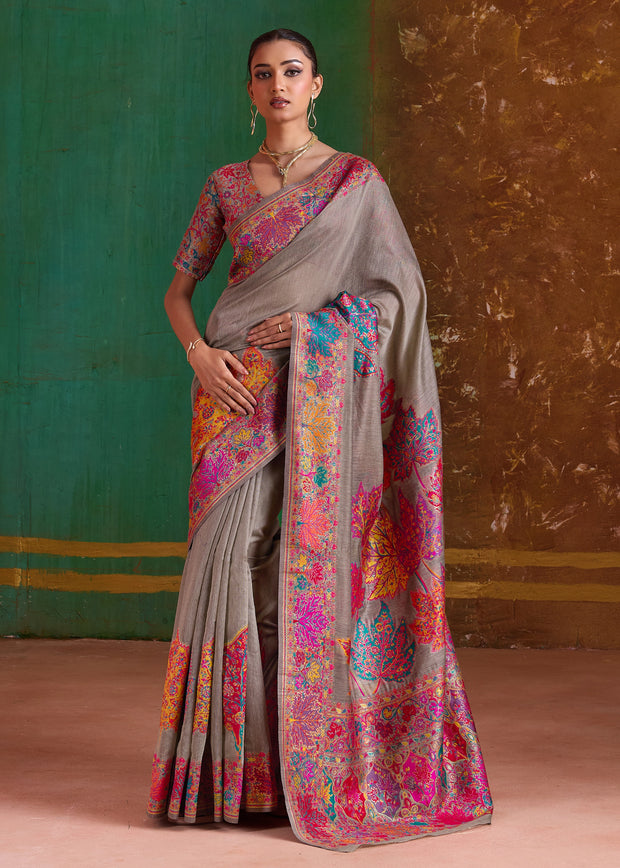 Taupe Grey Woven Cotton Kashmiri Jamewar Saree