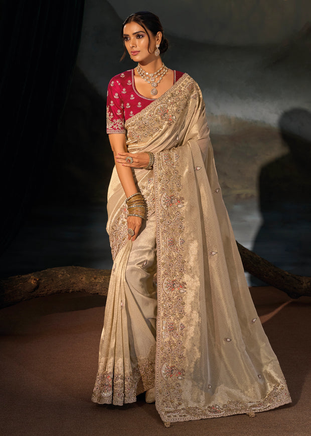 Beige Embroidered Kanjivaram Silk Saree