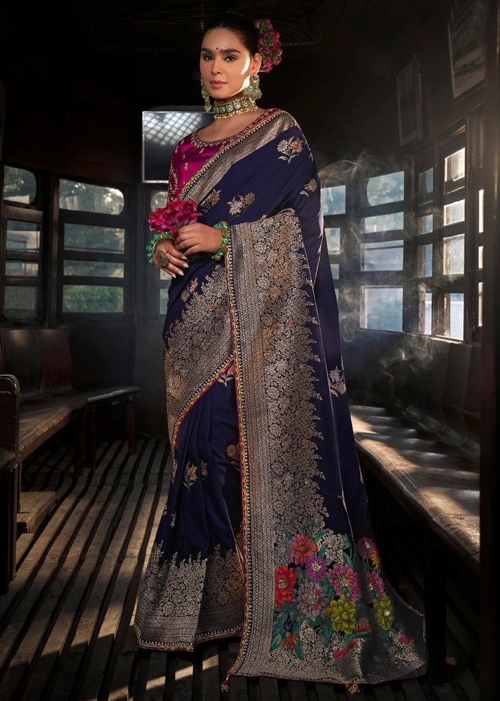 “Exclusive Offer” : Estate Blue Woven Embroidered Banarasi Silk Saree
