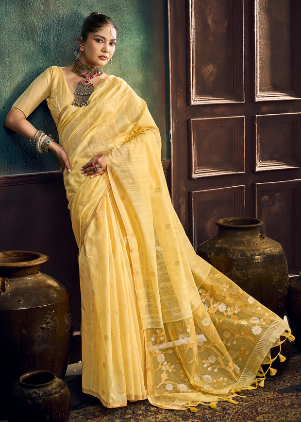 Yellow Woven Munga Cotton Silk Saree