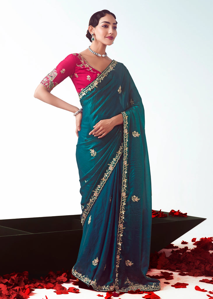 Peacock Blue Embroidered Designer Tissue Saree