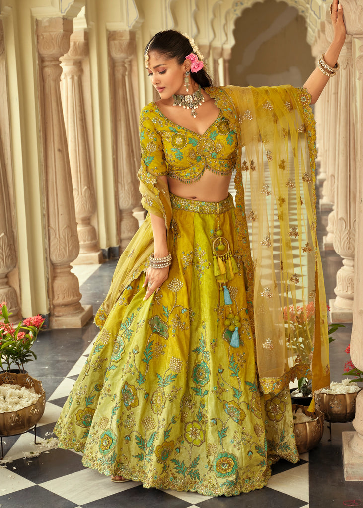 Shades Of Yellow Embroidered Stitched Designer Lehenga