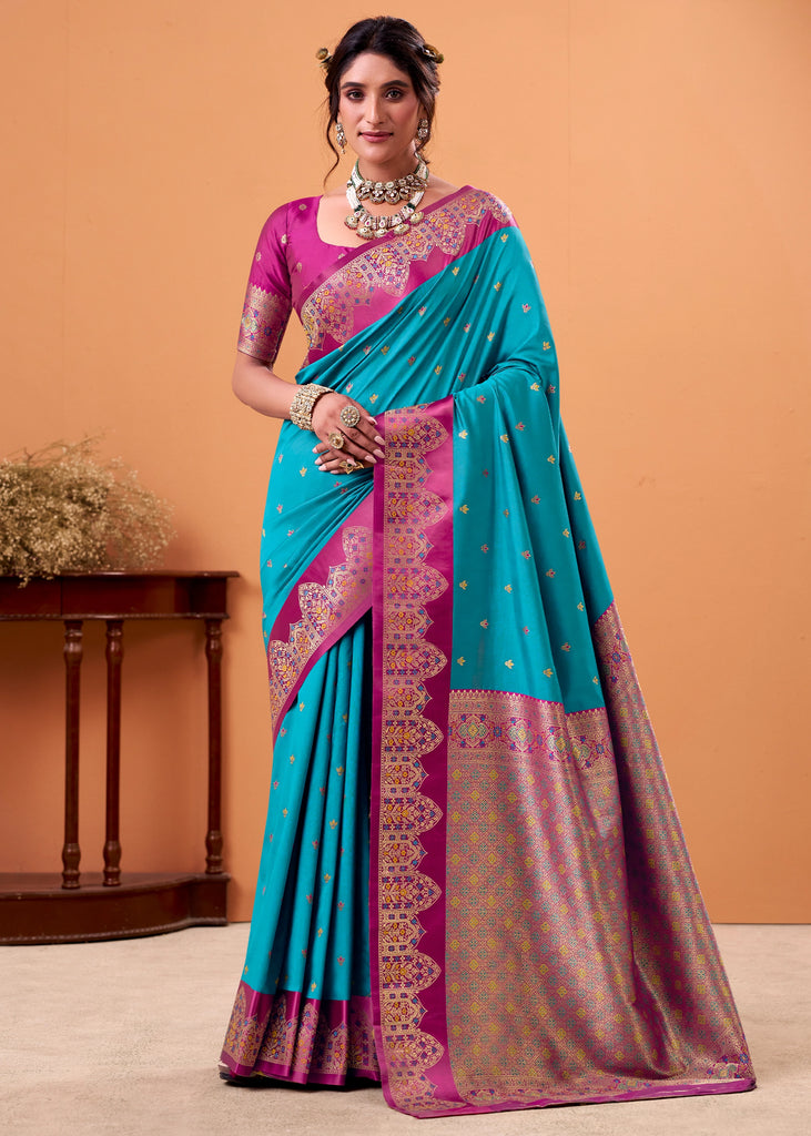 Vivid Blue Banarasi Satin Silk Saree
