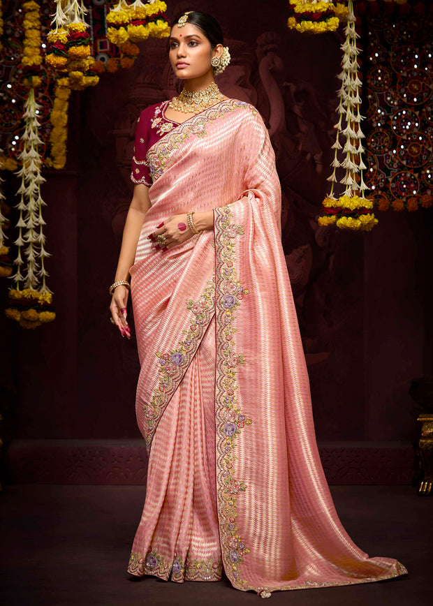 Plum peach embroidered Banarasi silk saree with woven base