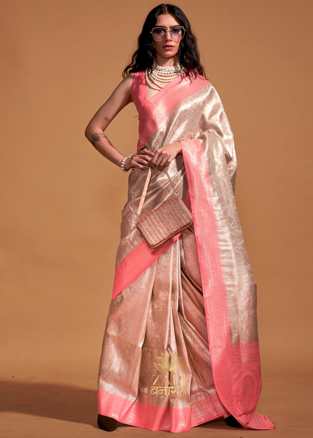 Silver beige and peach Kanjivaram silk saree with Kanchipuram woven motifs