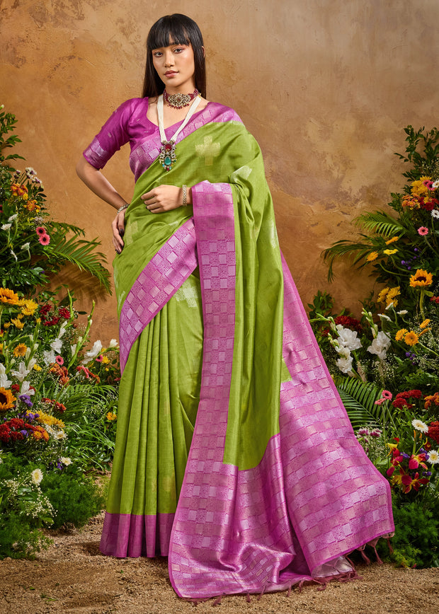 Grass Green Woven Cotton Silk Saree