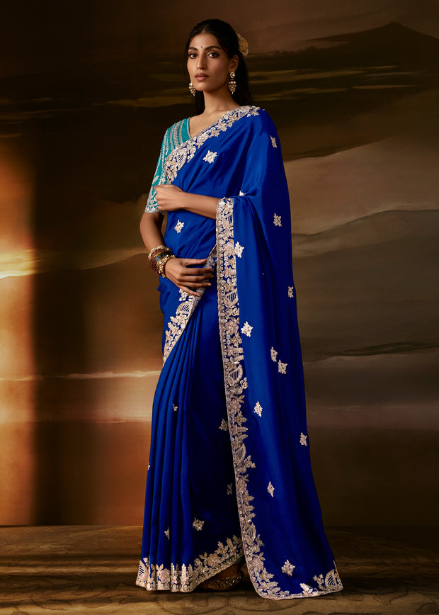Sapphire Blue Embroidered Designer Organza Saree