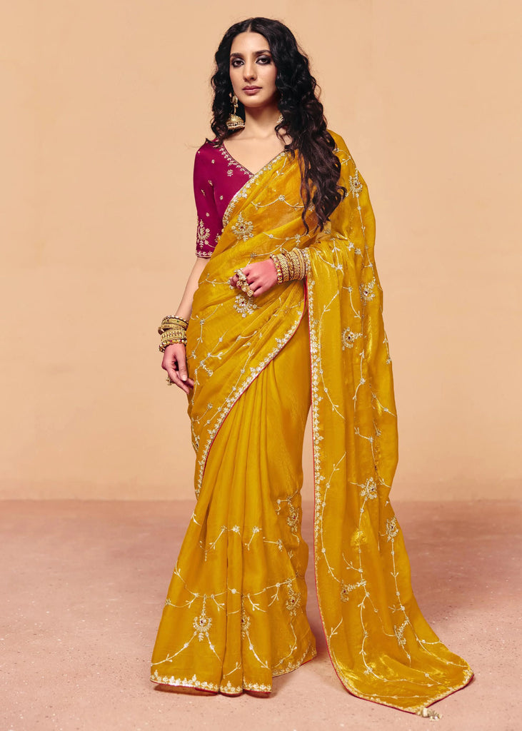 Mimosa Yellow Embroidered Designer Tissue Saree