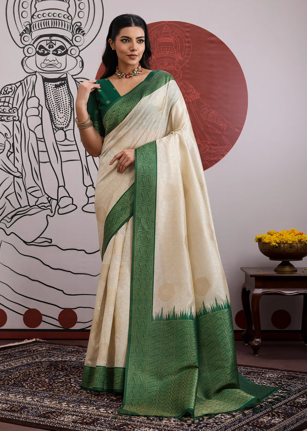 Green Border Ivory Woven Banarasi Silk Saree