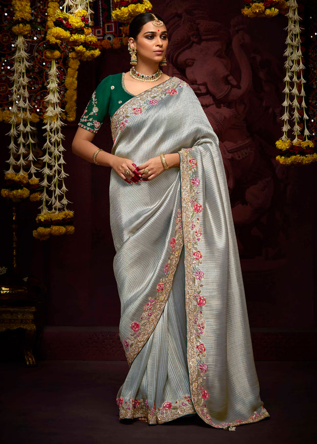 Silver grey embroidered Banarasi silk saree with woven silk body