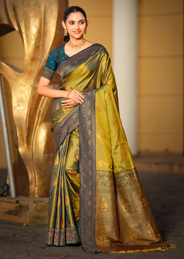Pesto Green Dual Tone Woven Banarasi Silk Saree