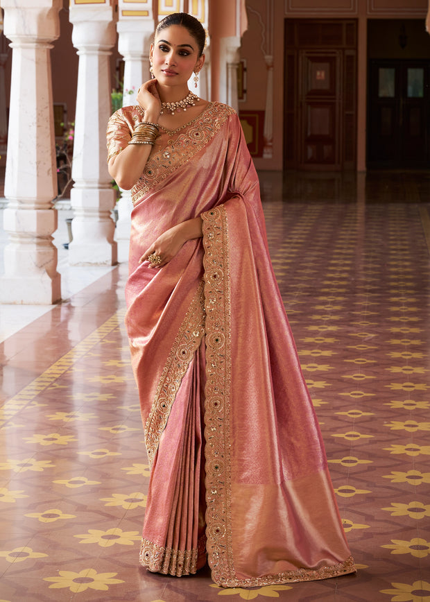 Pastel Peach Bead Work Kanjivaram Soft Silk Saree