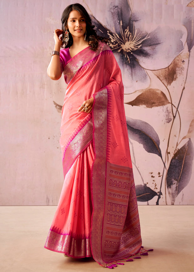 Peach Pink Woven Tissue Silk Saree
