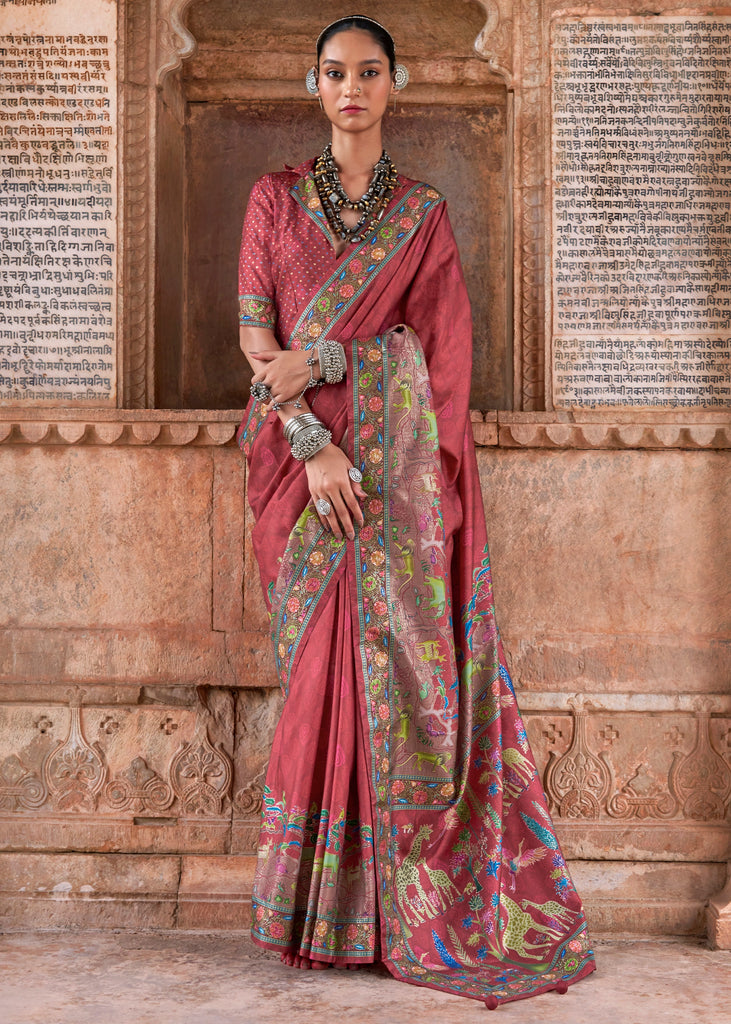 Auburn Brown Printed Silk Saree